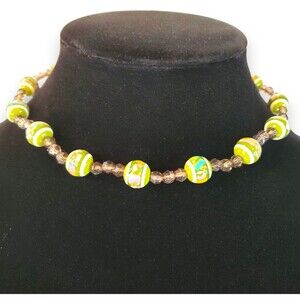 Vintage Mod Art Glass Choker Necklace Lime Green Confetti Beads 60s Retro